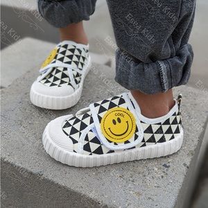Kids Black & White Geometric Sneakers with Yellow Smiley Patch 🙂